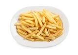 Yummy golden French fries on white background, top view