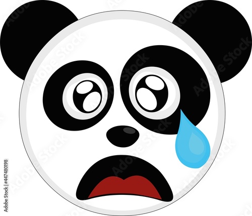 Vector emoticon illustration of a cartoon panda's face with a sad expression, watery eyes and a tear