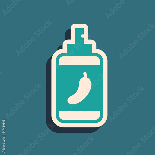 Green Pepper spray icon isolated on green background. OC gas. Capsicum self defense aerosol. Long shadow style. Vector