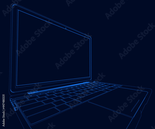 Notebook outline from blue lines isolated on dark background. Vector illustration