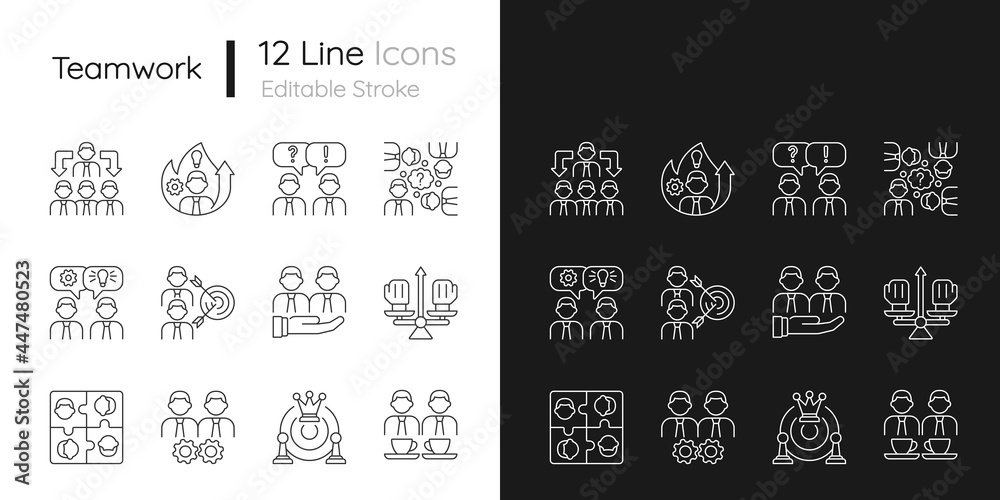 Teamwork related linear icons set for dark and light mode. Common goals and its achievement. Business strategy. Customizable thin line symbols. Isolated vector outline illustrations. Editable stroke
