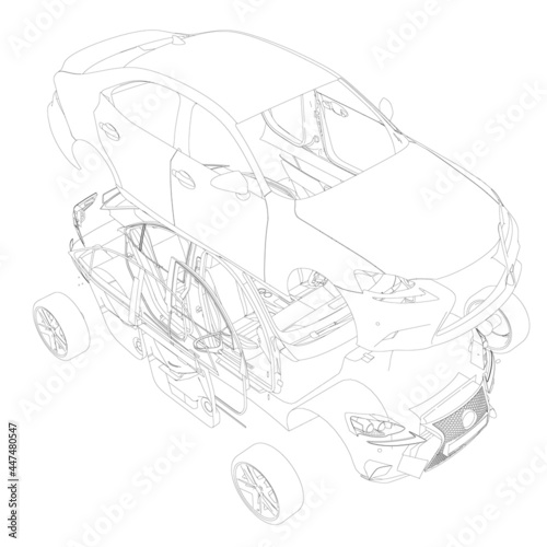 Machine outline disassembled into parts isolated on white background. Machine parts are separated from each other. Isometric view. Vector illustration