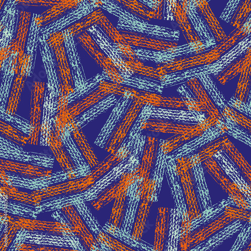 Abstract vector gauze brush effect rectangles seamless pattern background. Backdrop of scattered blue painterly striped shapes with spliced edges.Textured fibre weave band aid effect repeat