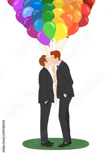 Vector flat doodle illustration of two men kissing and holding balloons colored in rainbow. Gay wedding. Love is love. Just married couple. Isolated on a white backgroung.