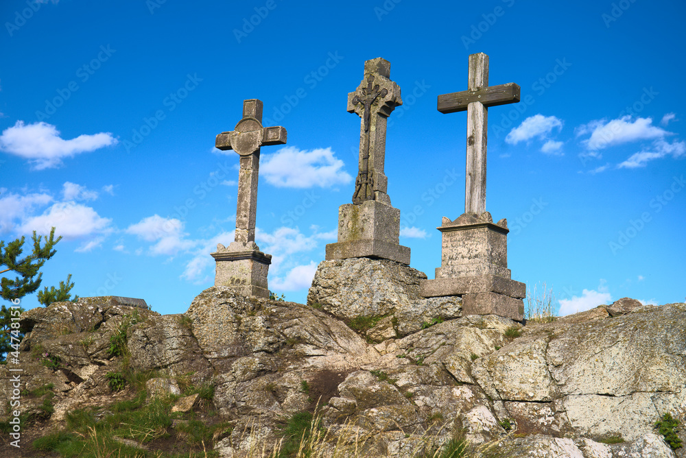 Prameny, Czech Republic - July 7 2021: Three Crosses monument near Marianske Lazne Prameny, Czech Republic - July 7 2021: Three Crosses monument near Marianske Lazne
