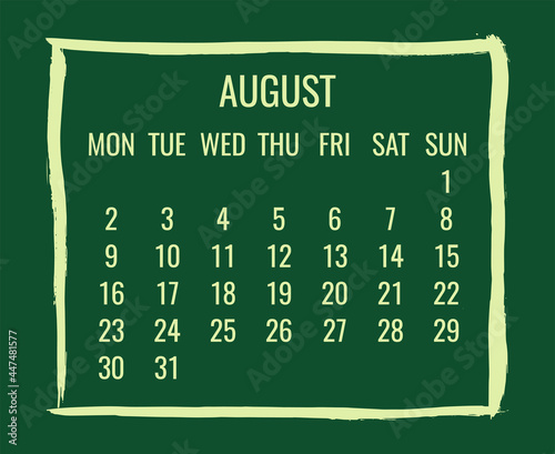 August year 2021 monthly brush stroke green calendar