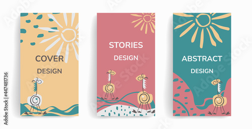 Vector set of cute giraffes, illustration for birthday invitations, cards and stickers social media posts, stories, banners, mobile apps, web, ads, cosmetics, baby cards. Design with space for text