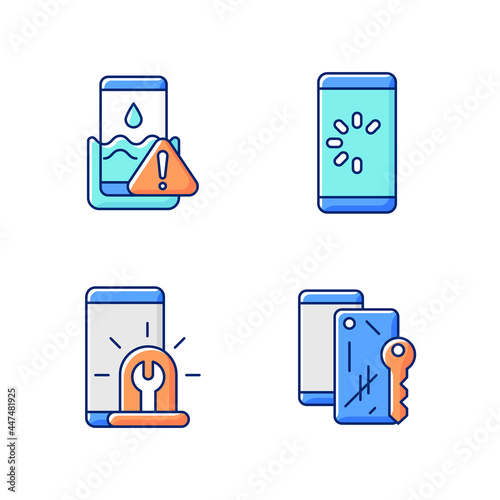 Usual mobile phone problems RGB color icons set. Connection issue. Water damage. Scratched case. Telephone refurbish. Isolated vector illustrations. Simple filled line drawings collection