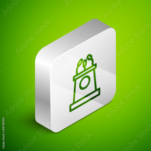 Isometric line Stage stand or debate podium rostrum icon isolated on green background. Conference speech tribune. Silver square button. Vector Illustration