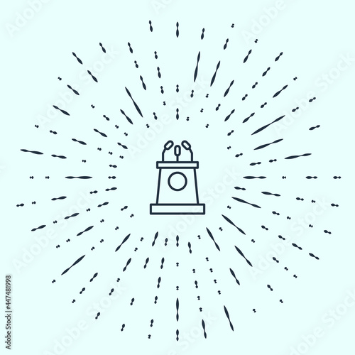 Black line Stage stand or debate podium rostrum icon isolated on grey background. Conference speech tribune. Abstract circle random dots. Vector Illustration