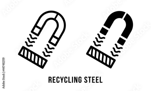 A set of manipulation symbols for packaging cargo products and goods. Marking - Recycling steel. Vector elements.