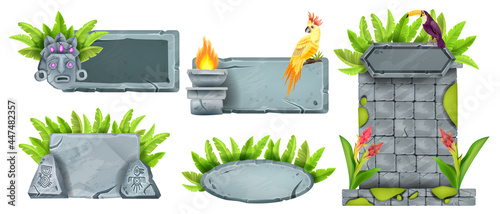 Jungle stone sign board set, vector rock banner, boulder tile, tropical leaf, maya tiki mask, paradise bird. Game UI gray frame kit, nature design element collection. Cracked stone sign panel on white