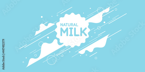 Modern poster fresh milk with splashes on a light blue background. Vector illustration.