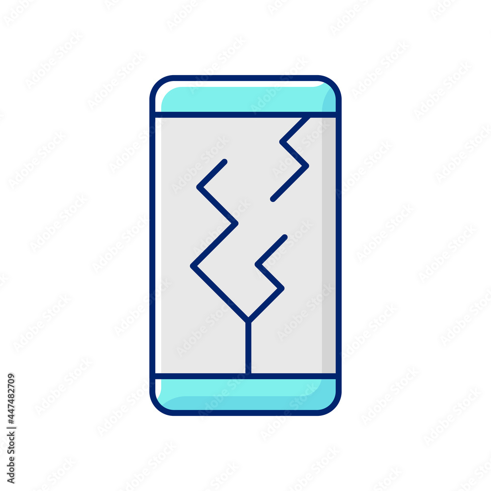 Screen damage RGB color icon. Cracks all over mobile phone display. Shattered and broken front display. Damaged screen trouble. Isolated vector illustration. Simple filled line drawing Screen damage RGB color icon. Cracks all over mobile phone display. Shattered and broken front display. Damaged screen trouble. Isolated vector illustration. Simple filled line drawing