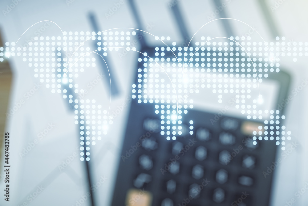Abstract virtual world map with connections on calculator background, international trading concept. Multiexposure Abstract virtual world map with connections on calculator background, international trading concept. Multiexposure