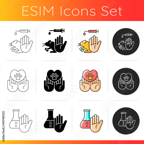 Animal testing icons set. No harm for laboratory hamsters. Pet welfare and protection. Avoid chemical toxic drugs. Linear  black and RGB color styles. Isolated vector illustrations