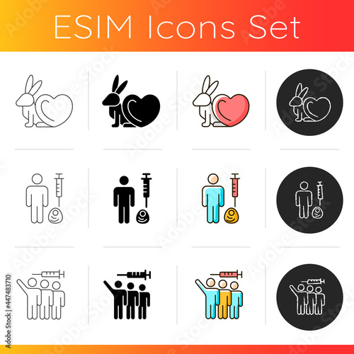 No animal testing icons set. Cruelty free label mark. Medical research on human cell. Volunteer for clinical trials. Linear, black and RGB color styles. Isolated vector illustrations