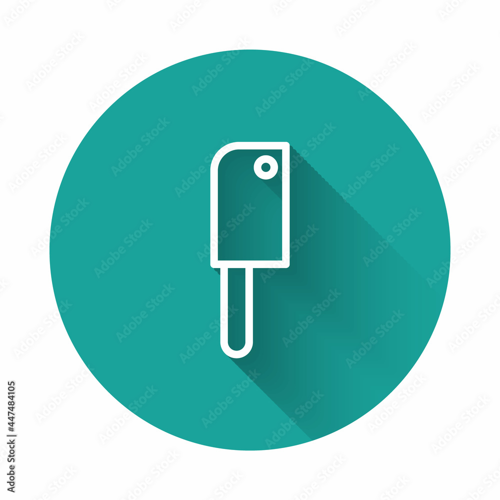 White line Meat chopper icon isolated with long shadow. Kitchen knife for meat. Butcher knife. Green circle button. Vector Illustration White line Meat chopper icon isolated with long shadow. Kitchen knife for meat. Butcher knife. Green circle button. Vector Illustration