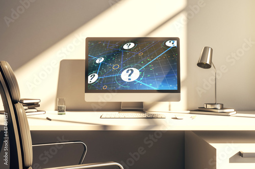 Modern computer monitor with question mark hologram. Sociology and psychology concept. 3D Rendering