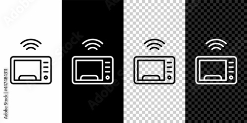Set line Smart microwave oven system icon isolated on black and white background. Home appliances icon. Internet of things concept with wireless connection. Vector