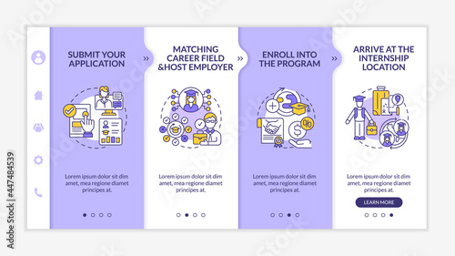International internship procedure onboarding vector template. Responsive mobile website with icons. Web page walkthrough 4 step screens. Enroll into program color concept with linear illustrations