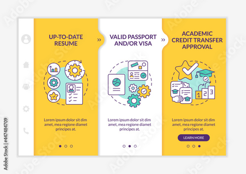International internship requirements onboarding vector template. Responsive mobile website with icons. Web page walkthrough 3 step screens. Up-to-date resume color concept with linear illustrations