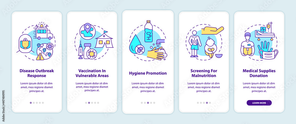 Humanitarian health assistance onboarding mobile app page screen. Charity walkthrough 5 steps graphic instructions with concepts. UI, UX, GUI vector template with linear color illustrations