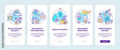 Humanitarian health assistance onboarding mobile app page screen. Charity walkthrough 5 steps graphic instructions with concepts. UI, UX, GUI vector template with linear color illustrations