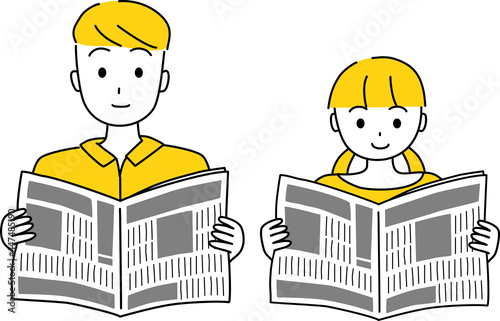 新聞を読む父親と娘(男性と女の子)