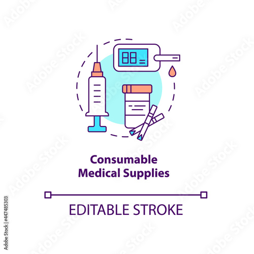 Consumable medical supplies concept icon. Humanitarian aid equipment abstract idea thin line illustration. First aid kit. Medicine chest. Vector isolated outline color drawing. Editable stroke