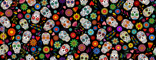 Day of the Dead  skulls pattern. Dia de los muertos print. Day of the dead and  mexican Halloween texture. Mexican tradition  festival. Day of the dead sugar skull isolated. Dia de los Muertos tattoo  photo