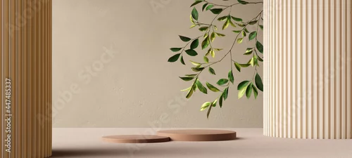 Obraz Abstract minimal interior for cosmetic object placement, product display background with tree branch, 3d rendering scene