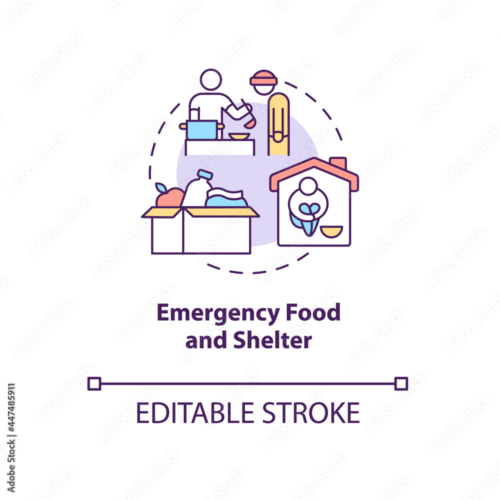 Emergency food and shelter program concept icon. Humanitarian aid global charity mission abstract idea thin line illustration. Vector isolated outline color drawing. Editable stroke