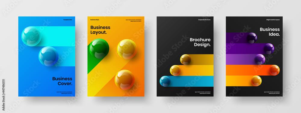 Geometric 3D balls corporate brochure concept set. Trendy flyer design vector illustration collection.