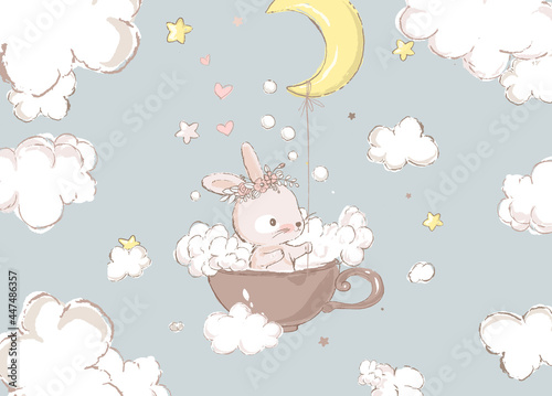 Abstract childish little bunny flying in cup holding half moon on rope vector flat illustration © FoxyImage