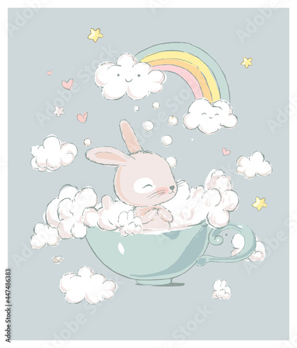 Childish rabbit in huge cup surrounded by fluffy clouds at sky with rainbow vector flat illustration