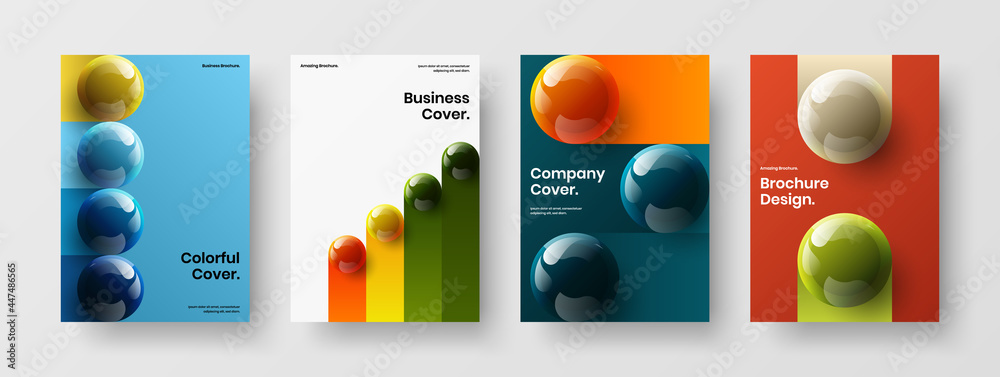 Colorful 3D spheres cover layout composition. Isolated postcard design vector concept set.
