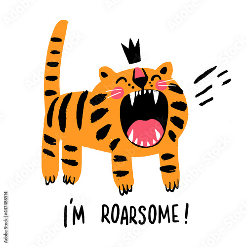 Angry tiger in crown roaring vector illustration I'm roarsome childish t shirt print design