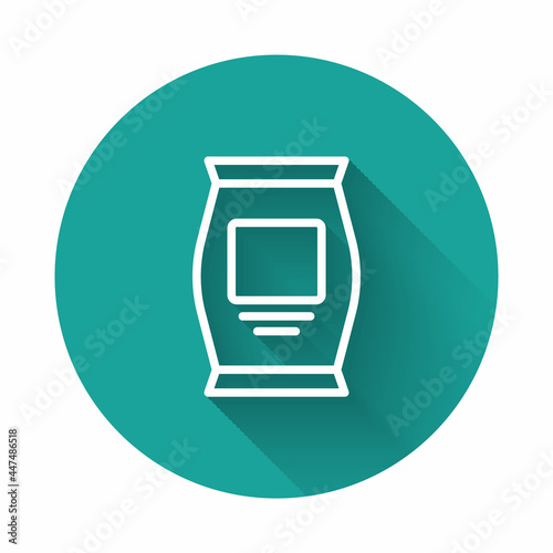 White line Fertilizer bag icon isolated with long shadow. Green circle button. Vector