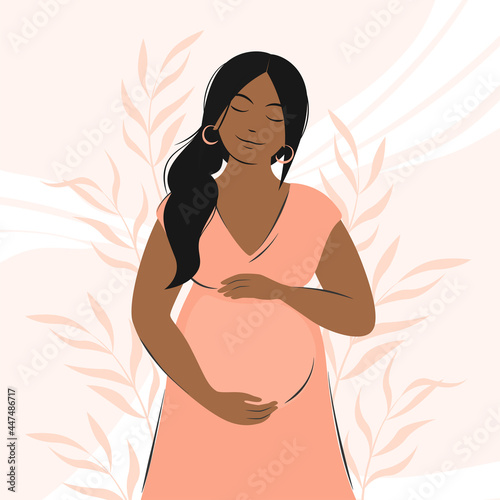 Pregnant black woman, future mom of African appearance, standing in nature and hugging belly with arms. Health, care, pregnancy, motherhood concept. Flat vector illustration.