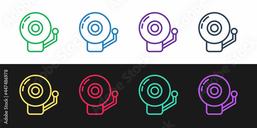 Set line Ringing alarm bell icon isolated on black and white background. Alarm symbol, service bell, handbell sign, notification symbol. Vector