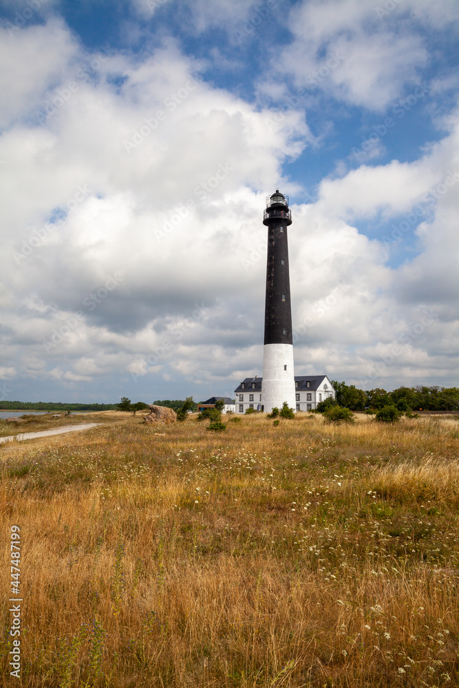 The Sorve lighthouse on the island Saaremaa in Estonia. Vertical landscape surrounded with orange grass land under cloudy blue sky in summer day.