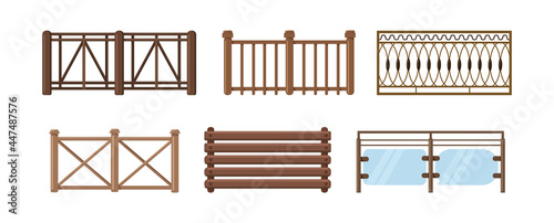 Set of wood balcony railing. Vintage modern home balconied facade or door entrance into private territory, terrace fences. Wooden or glass and stone construction for fencing territory photo