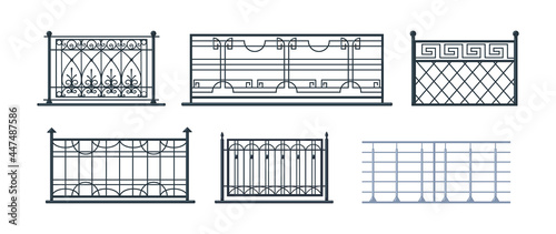 Set of balcony railing. Vintage modern home balconied facade or door entrance into private territory, terrace fences. Steel, iron wrought construction banister balustrade for fencing territory