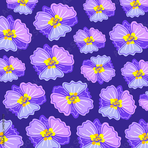 Violets are stylized on a blue background. Bright floral pattern. Flat vector illustration.