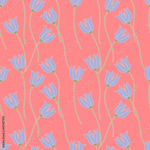 Pattern blue flowers bells on a pink background, seamless. Vector illustration
