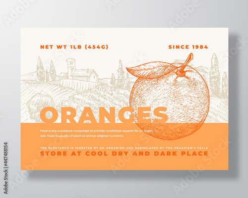 Fresh Oranges Food Label Template. Abstract Vector Packaging Design Layout. Modern Typography Banner with Hand Drawn Citrus Fruit and Rural Landscape Background. Isolated