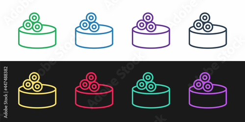 Set line Tin can with caviar icon isolated on black and white background. Vector.