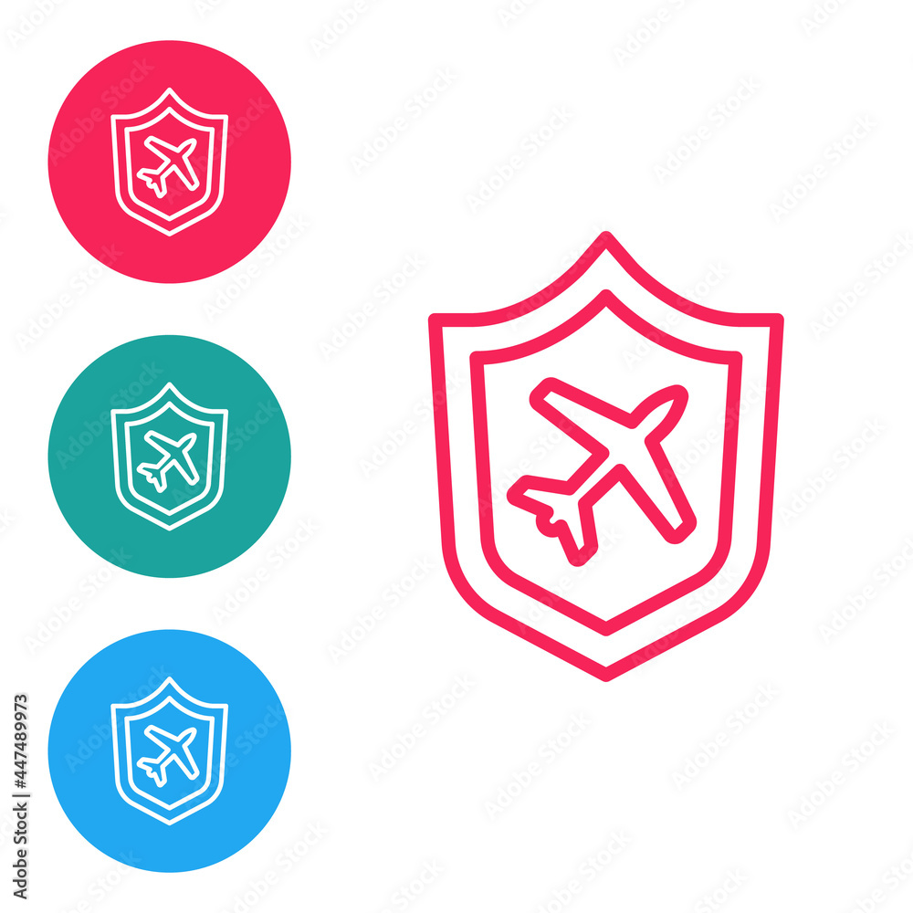 Red line Plane with shield icon isolated on white background. Flying airplane. Airliner insurance. Security, safety, protection, protect concept. Set icons in circle buttons. Vector. Red line Plane with shield icon isolated on white background. Flying airplane. Airliner insurance. Security, safety, protection, protect concept. Set icons in circle buttons. Vector.