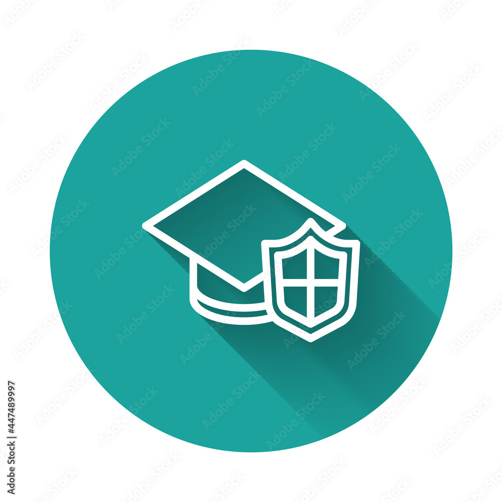 White line Graduation cap with shield icon isolated with long shadow. Insurance concept. Security, safety, protection, protect concept. Green circle button. Vector. White line Graduation cap with shield icon isolated with long shadow. Insurance concept. Security, safety, protection, protect concept. Green circle button. Vector.